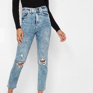 Express Women's High Waisted Destroyed Acid Wash Straight Ankle Jeans